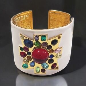 Luxury 18k Gold Plated Maltese Cross Jeweled Enamel Cuff Bracelet